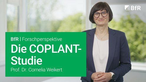 Porträtfoto von Prof. Dr. Cornelia Weikert (rechts im Bildbereich) vor Fensterfront mit Blick auf Baumkronen. Links unten im Bild grasgrüne Textbox mit weißer Schrift mit Videotitel, oben rechts weißes BfR-Logo.
