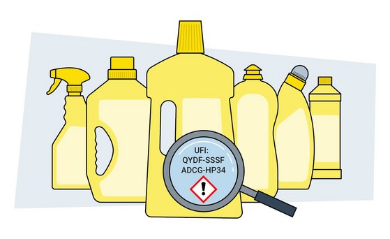 Themenseite UFI-Code Headerbild Illustration von Haushaltsprodukten mit UFI-Code im Vordergrund