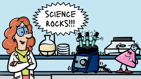 Comicbild mit einer Wissenschaftlerin im Labor. Drei Reagenzgläser rufen "Science rocks".