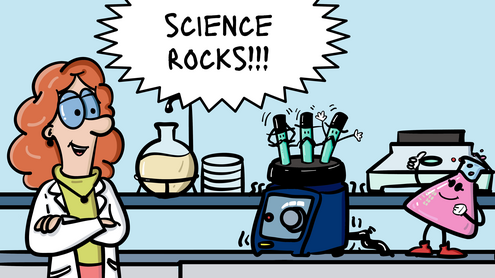 Comicbild mit einer Wissenschaftlerin im Labor. Drei Reagenzgläser rufen "Science rocks".