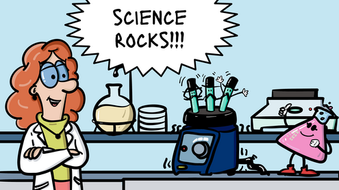 Comicbild mit einer Wissenschaftlerin im Labor. Drei Reagenzgläser rufen "Science rocks".