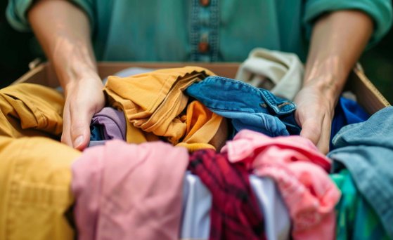 Textilien und Leder Arme, die in einen vollen Behälter mit bunter Wäsche/Textilien greifen.