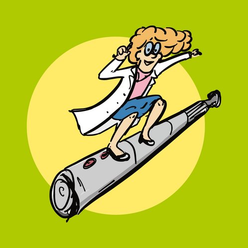 Comiczeichnung einer Person im Laborkittel, die stehend auf einer E-Zigarette surft